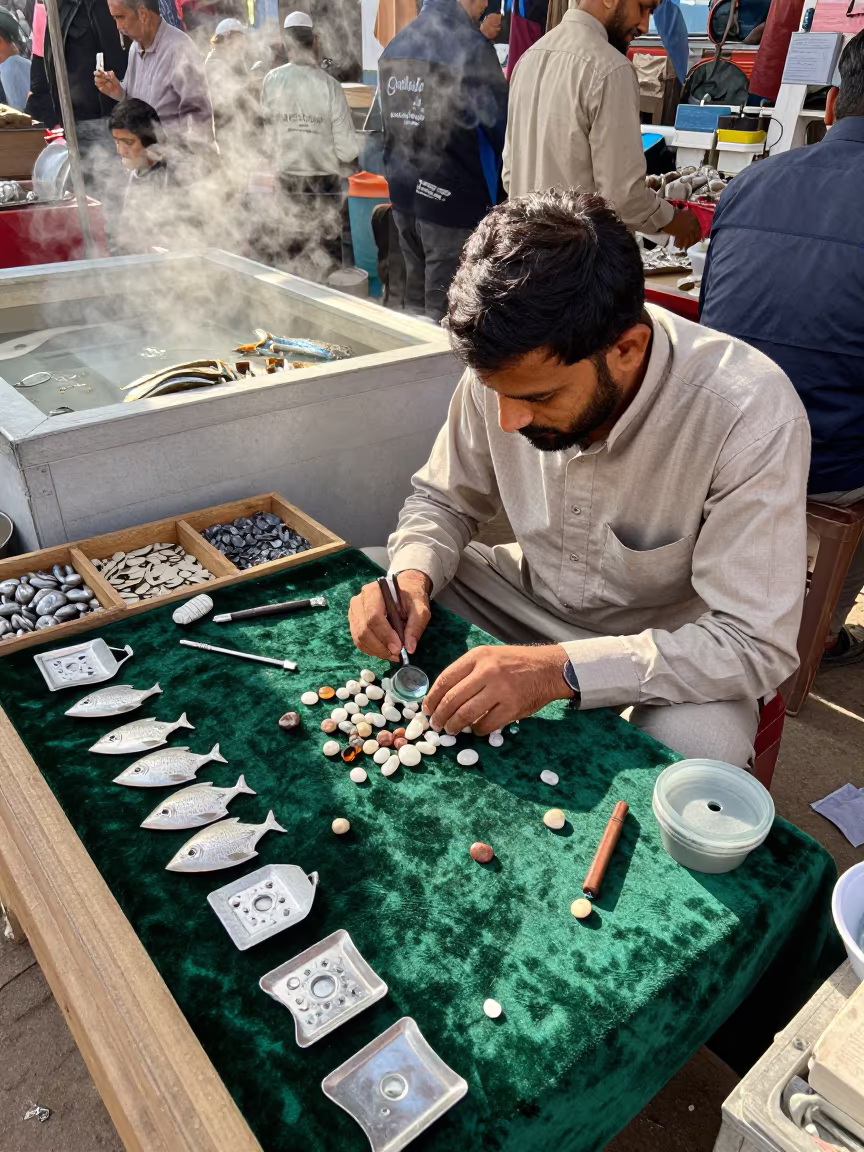 Gem Vendor Sorting Stones Under Loupe at Market in beside a fish counter in Gujranwala