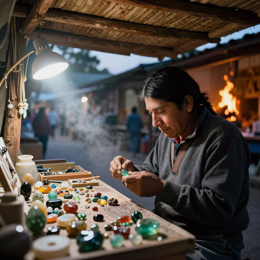 Gemstone Cutter Eyes in Bazaar Light in at a jewelry counter inside a covered bazaar near Tarapoto