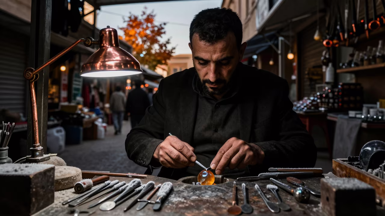 Gemstone Cutter Eyes Under Copper Autumn Light in at a goldsmith bench in a bazaar jewelry lane in Şanlıurfa