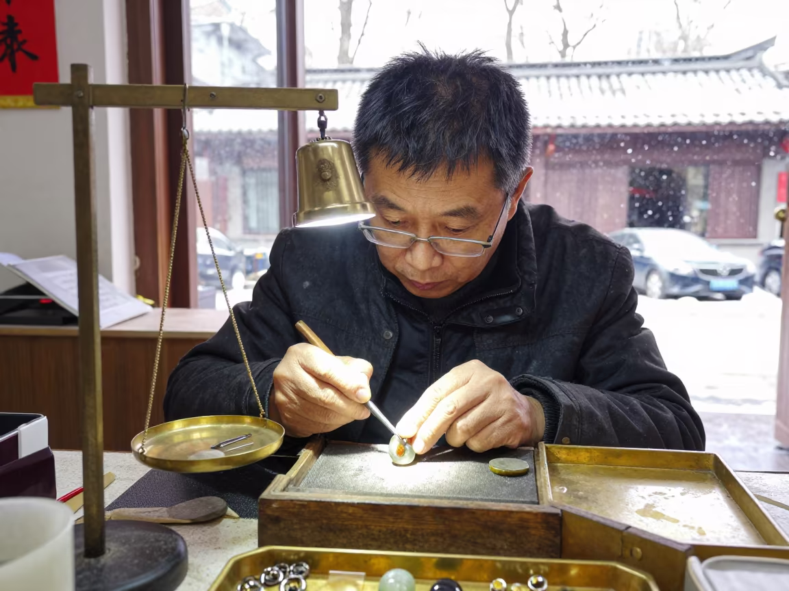 Gemstone Cutter Eyes in Ningbo Stall in inside a jeweler's stall with brass scales and trays in Ningbo