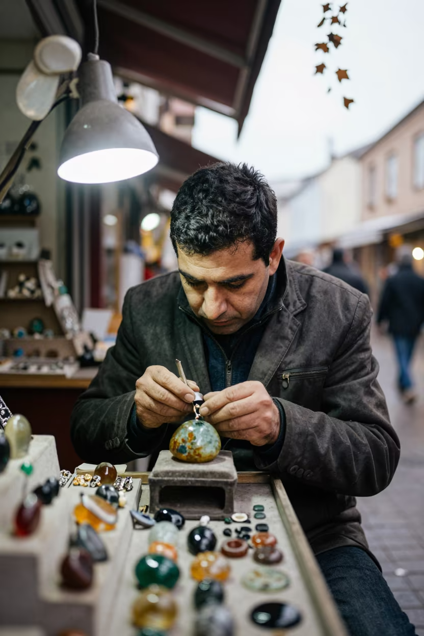 Gemstone Cutter Eyes Under Noon Light Richmond Bazaar in at a jewelry counter inside a covered bazaar in Richmond