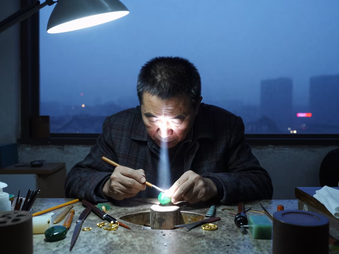 Gemstone Cutter Eyes in Shanghai Workshop in inside a goldsmith workshop behind the market lane in Hongkou, Shanghai