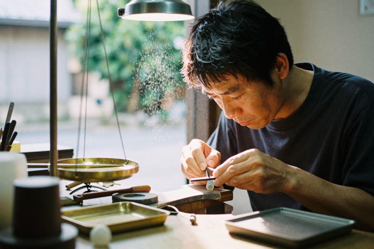 Gemstone Cutter's Eyes Under Skylight in inside a jeweler's stall with brass scales and trays in Sendai
