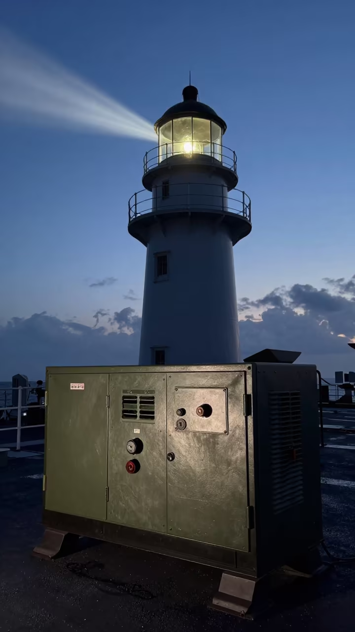 Generator Board Silhouette in Predawn Lighthouse Sweep in on a naval deck in rough wind in Manitoba