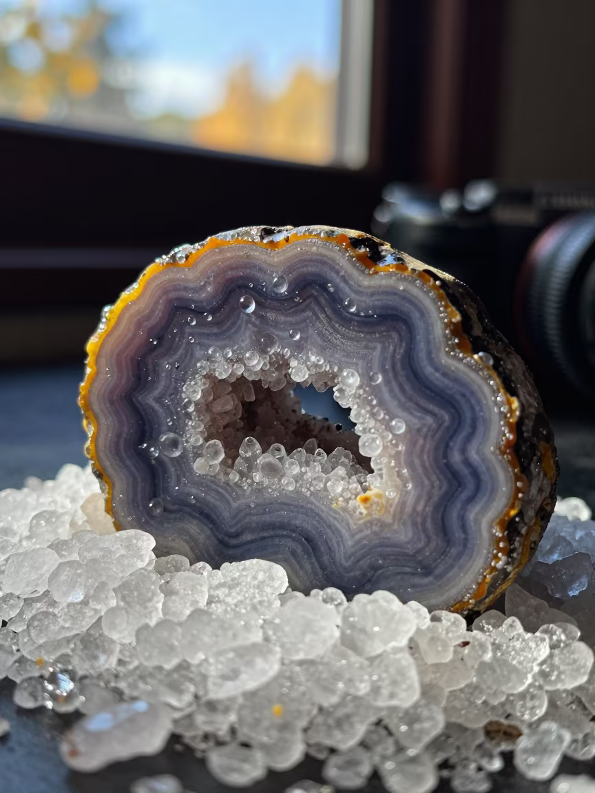 Geode Cross Section and Condensation on Salt in on salt crystals along a pan rim in Bradford