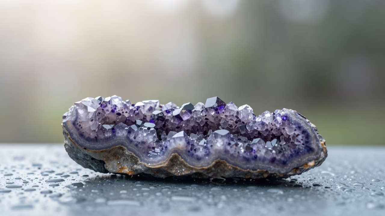 Geode Cross Section with Dust on Rainy Metal in across a rain-beaded metal surface near Kyiv