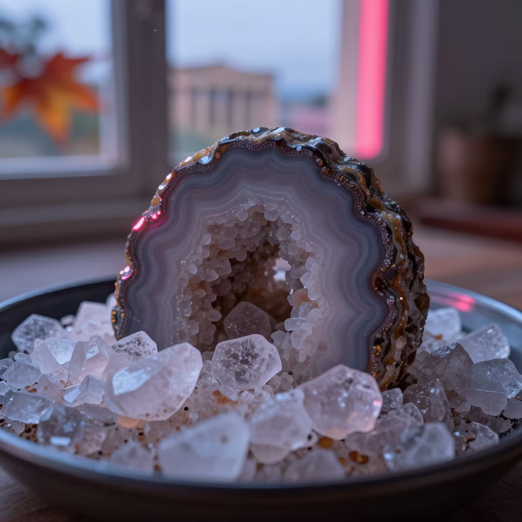 Geode Cross Section on Salt Crystals in on salt crystals along a pan rim in Athens