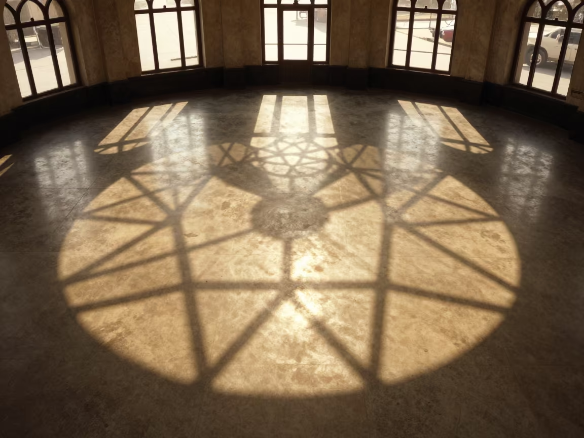 Geodesic Dome Shadow on Concrete Floor in inside a restored train terminal in Sana'a