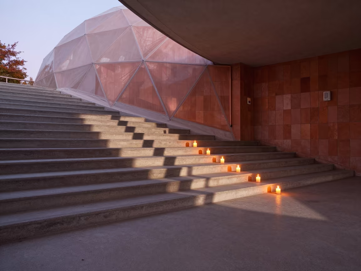 Geodesic Dome Shadow on Concrete Stairs in inside a tiled stair hall in Terrassa