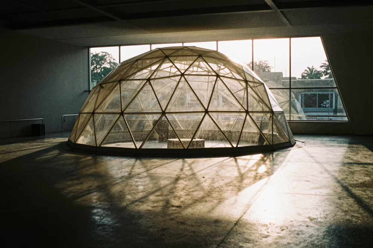 Geodesic Dome Shadow on Concrete in inside a skylit passageway near Cayenne