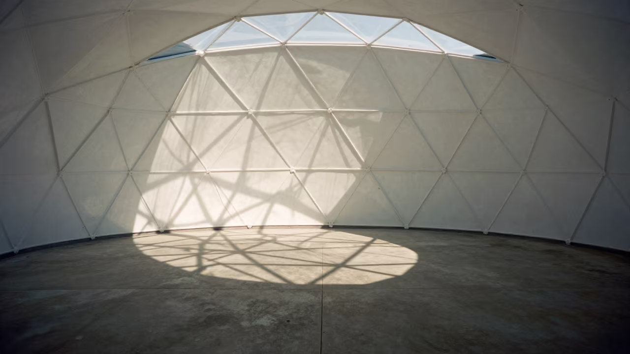 Geodesic Dome Shadow Pattern on Atrium Floor in inside a vaulted atrium in Shillong