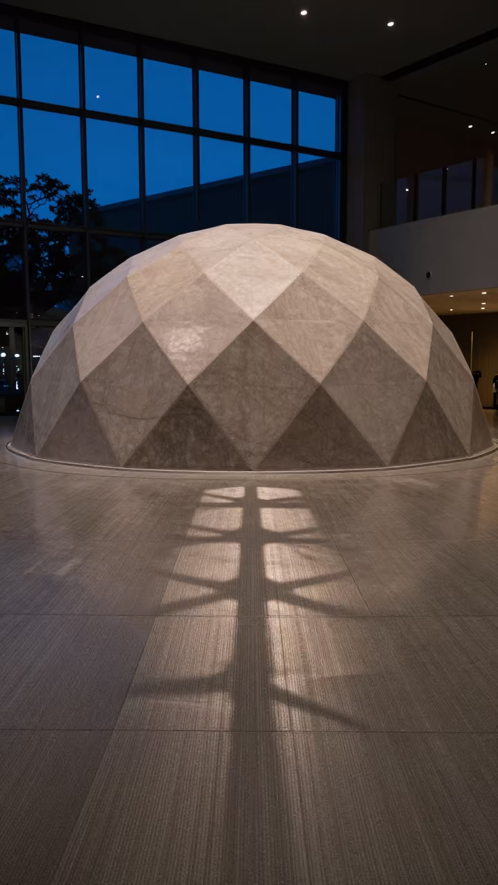 Geodesic Dome Shadow Pattern on Concrete Floor in inside a ribbed concrete lobby near Hiroshima