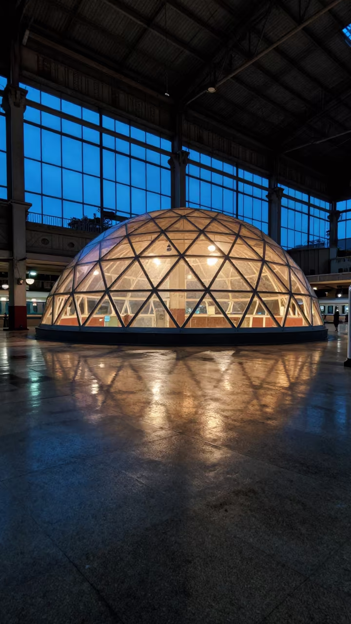 Geodesic Dome Shadow Pattern on Terminal Floor in inside a restored train terminal near Shankhari Bazaar, Dhaka