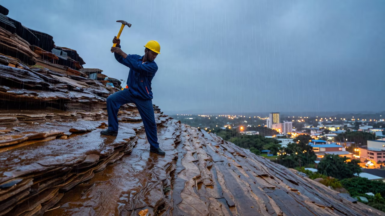 Geologist Balancing on Scree with Upward Rain in in Port Harcourt