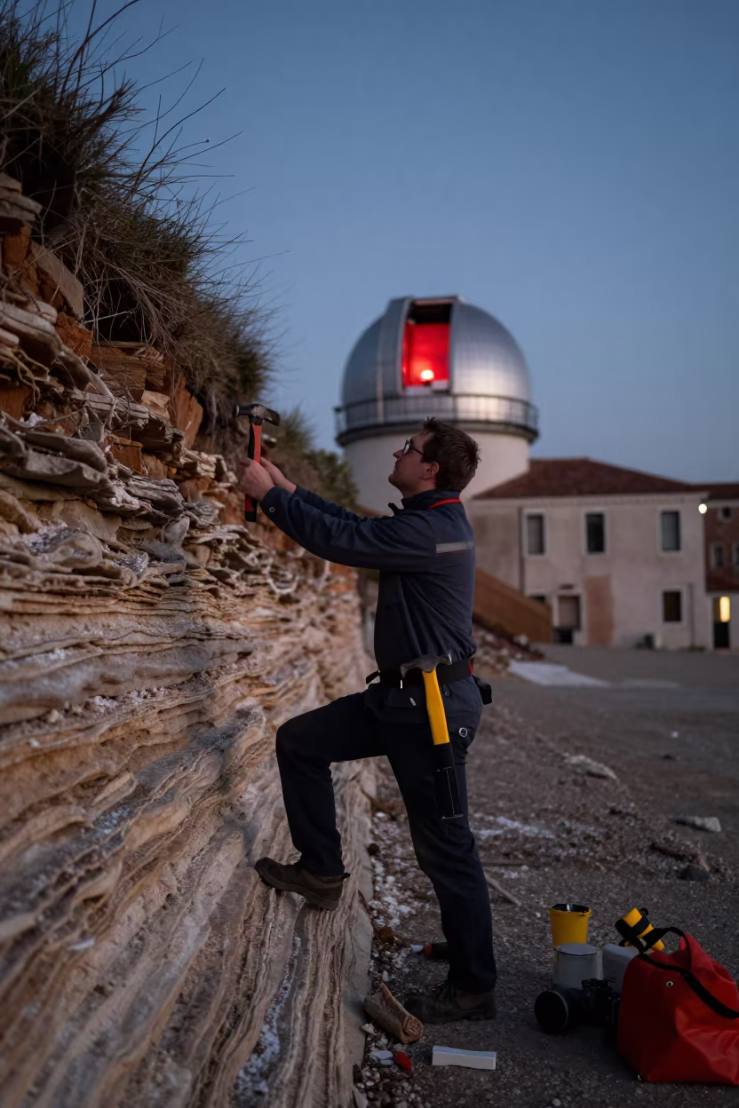 Geologist Balancing on Scree Near Venice Before Dawn in near Cannaregio, Venice