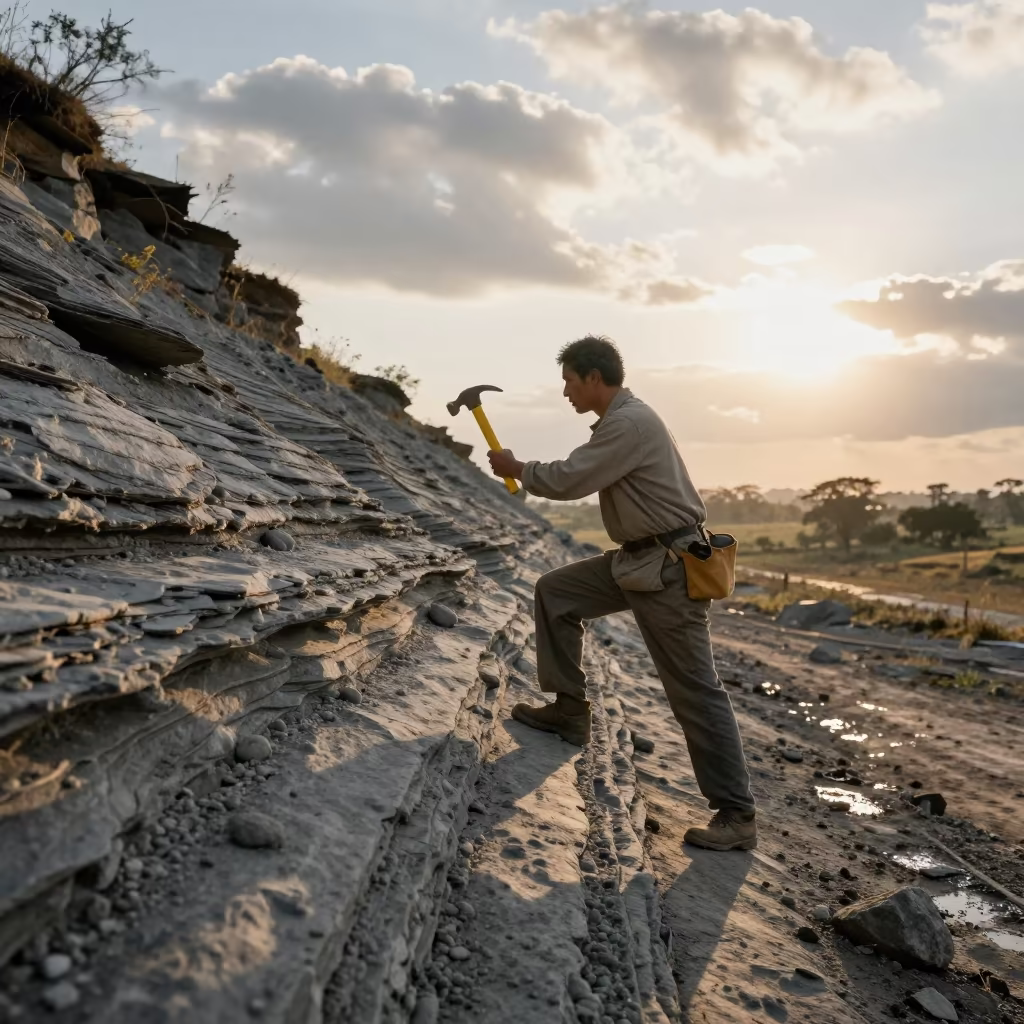 Geologist Balancing on Scree Near Strata in Harare in in Harare