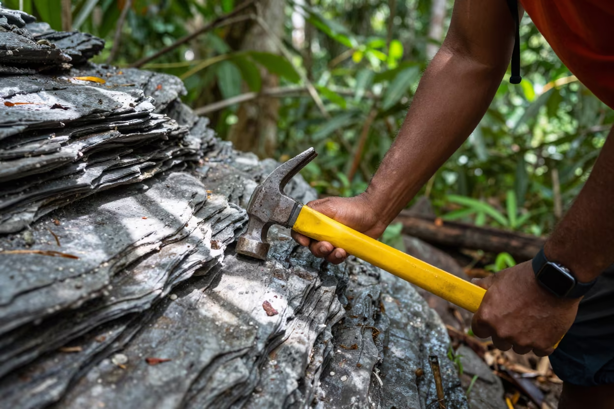 Geologist Balancing on Suva Scree in in Suva