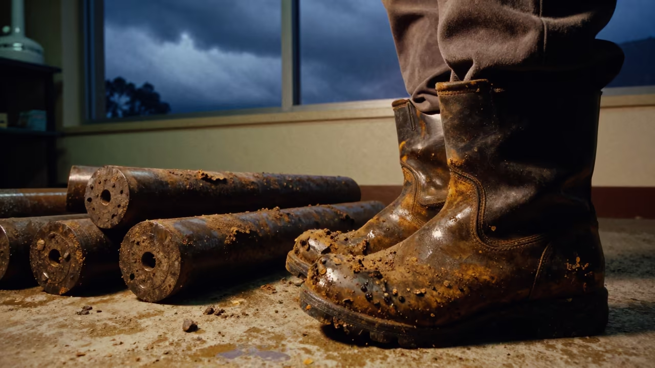 Geologist Boots Beside Fresh Drill Cores at Midnight in in Adelaide