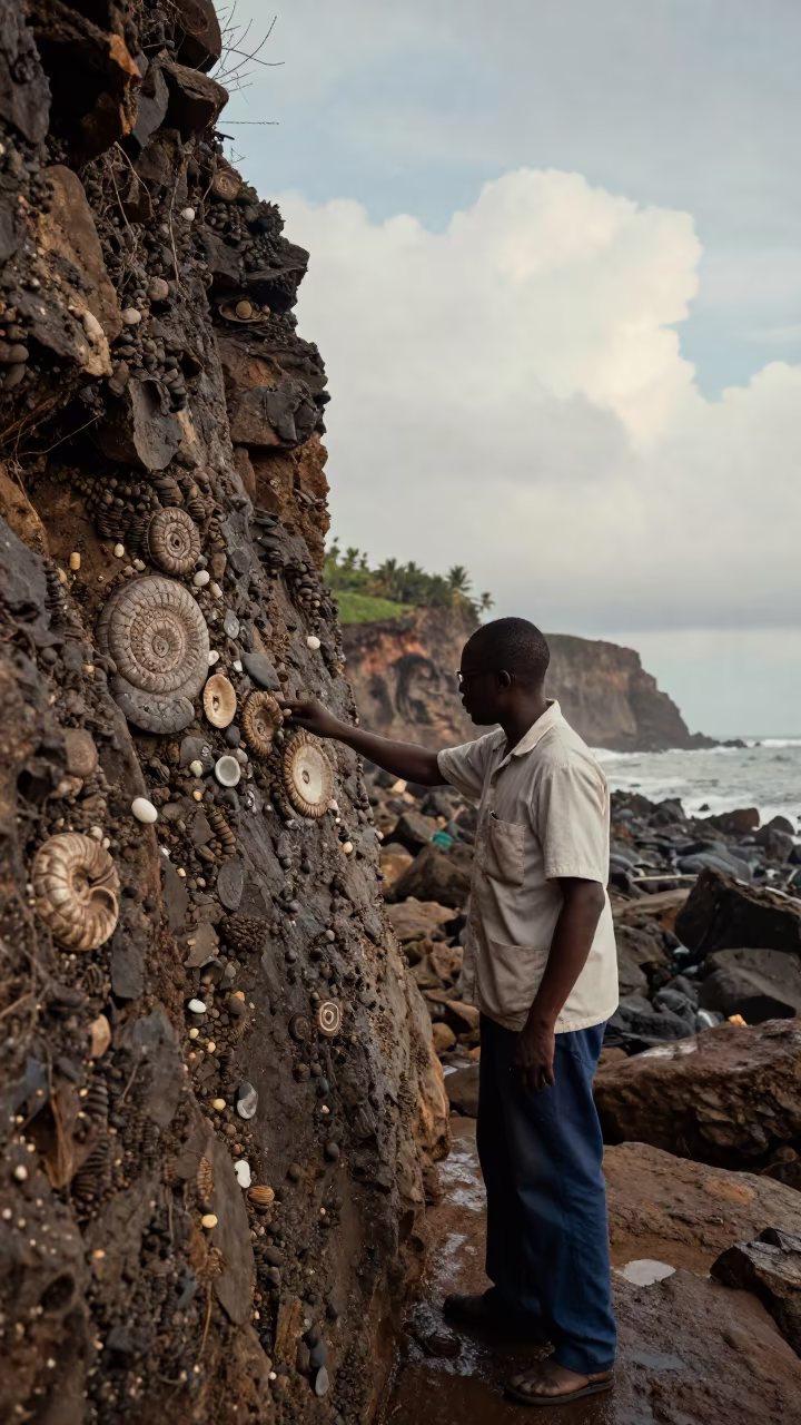 Geologist Brushes Ammonite Fossil from Lagos Shale in near Lagos