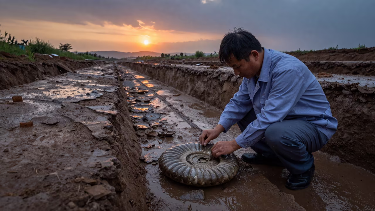 Geologist Brushes Ammonite Fossil in Twilight in near Kunming