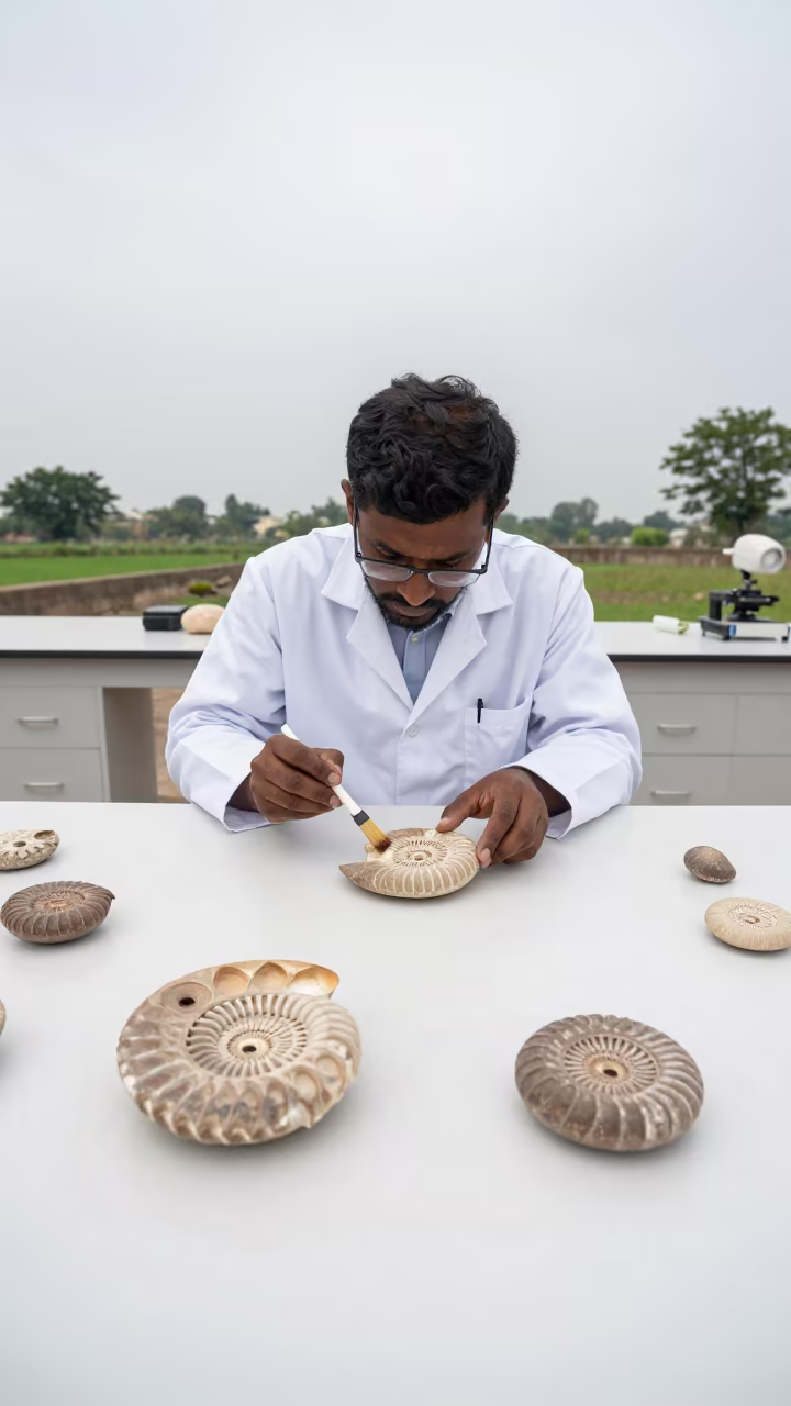 Geologist Brushes Ammonite Fossil Whorls in Lab in near Karachi