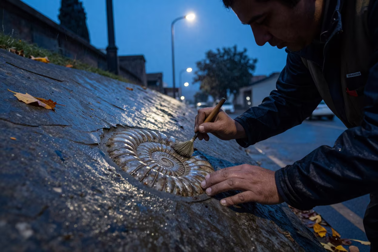 Geologist Brushing Ammonite Fossil in Santiago in in Santiago