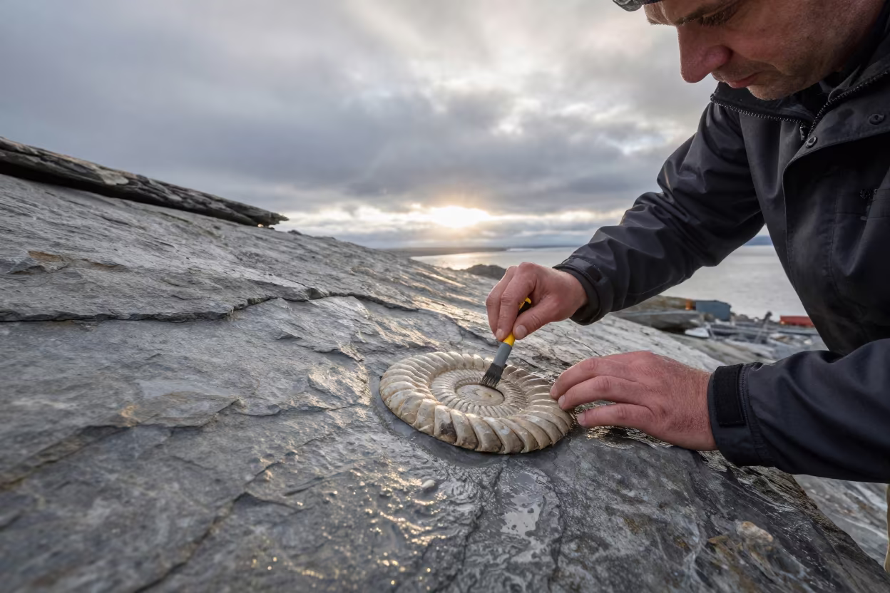 Geologist Brushing Ammonite Fossils in Shale in in Concordia