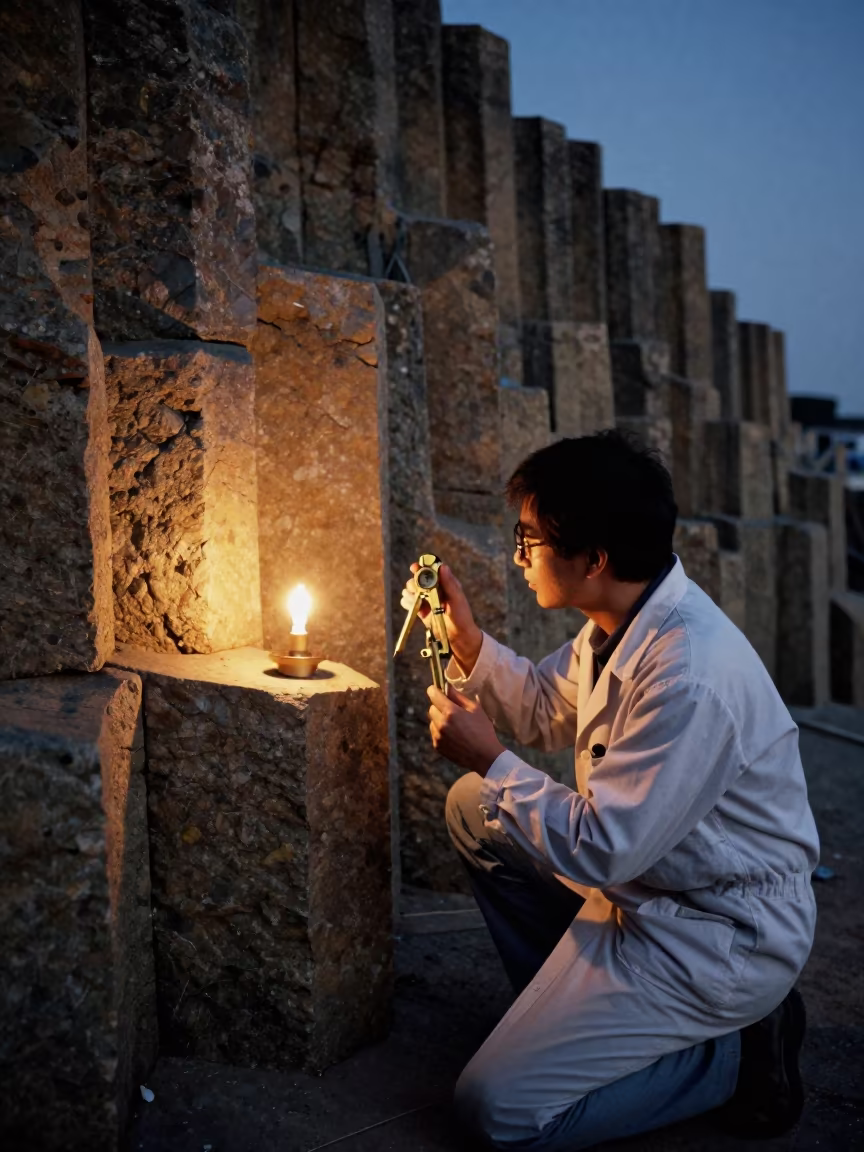 Geologist Examining Basalt Columns Night Candlelight in near Zhujiajiao, Shanghai