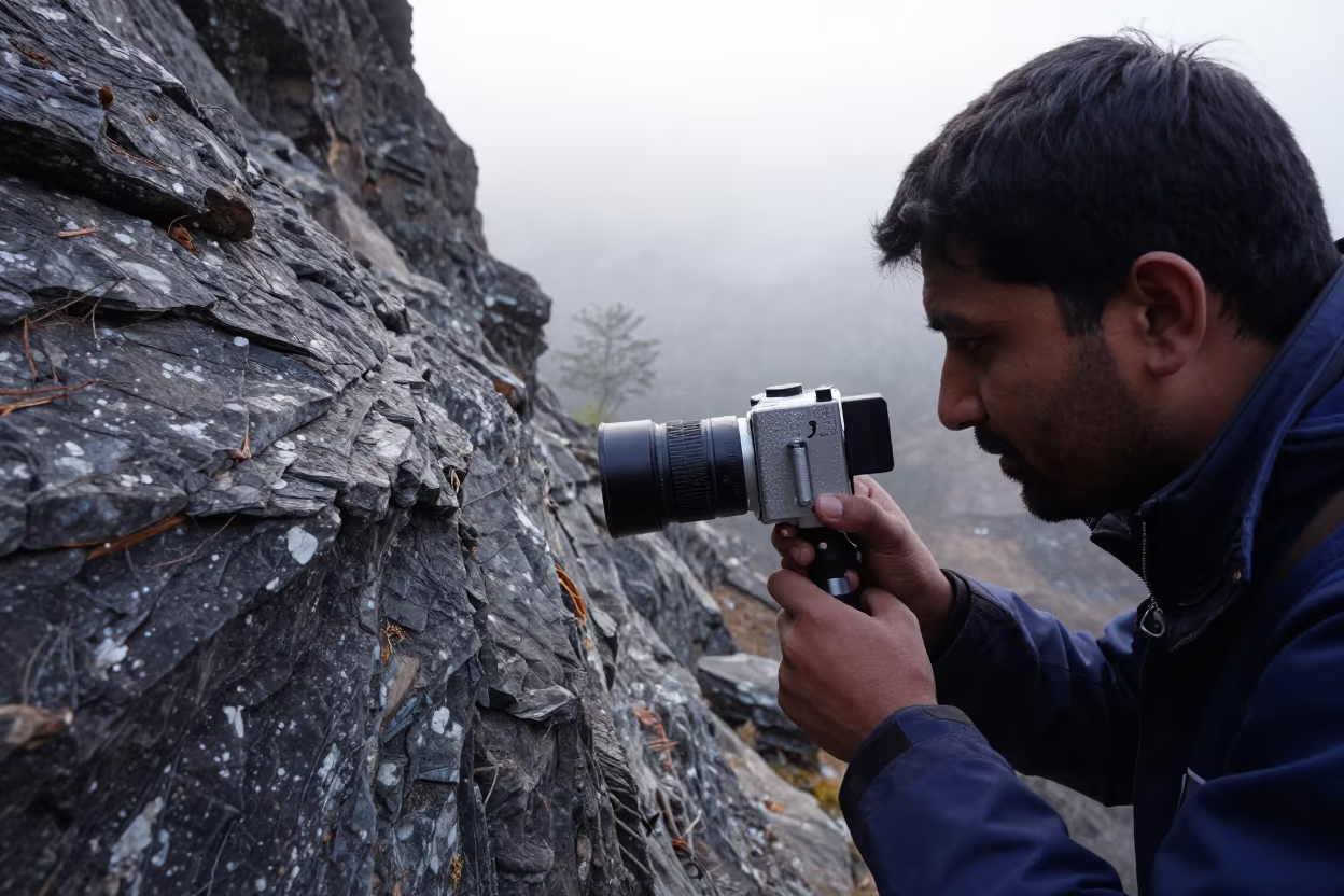 Geologist Examining Rock Strata in Misty Dawn in near Manali