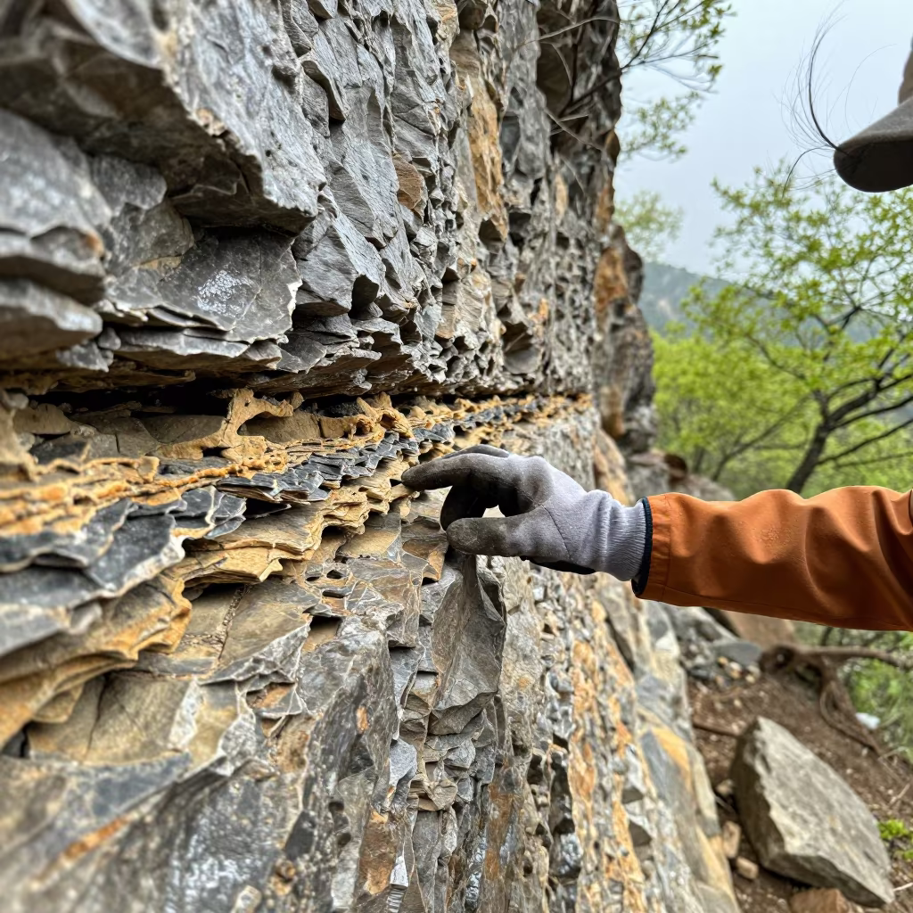 Geologist Examining Rock Strata in Thimphu Cliff in in Thimphu