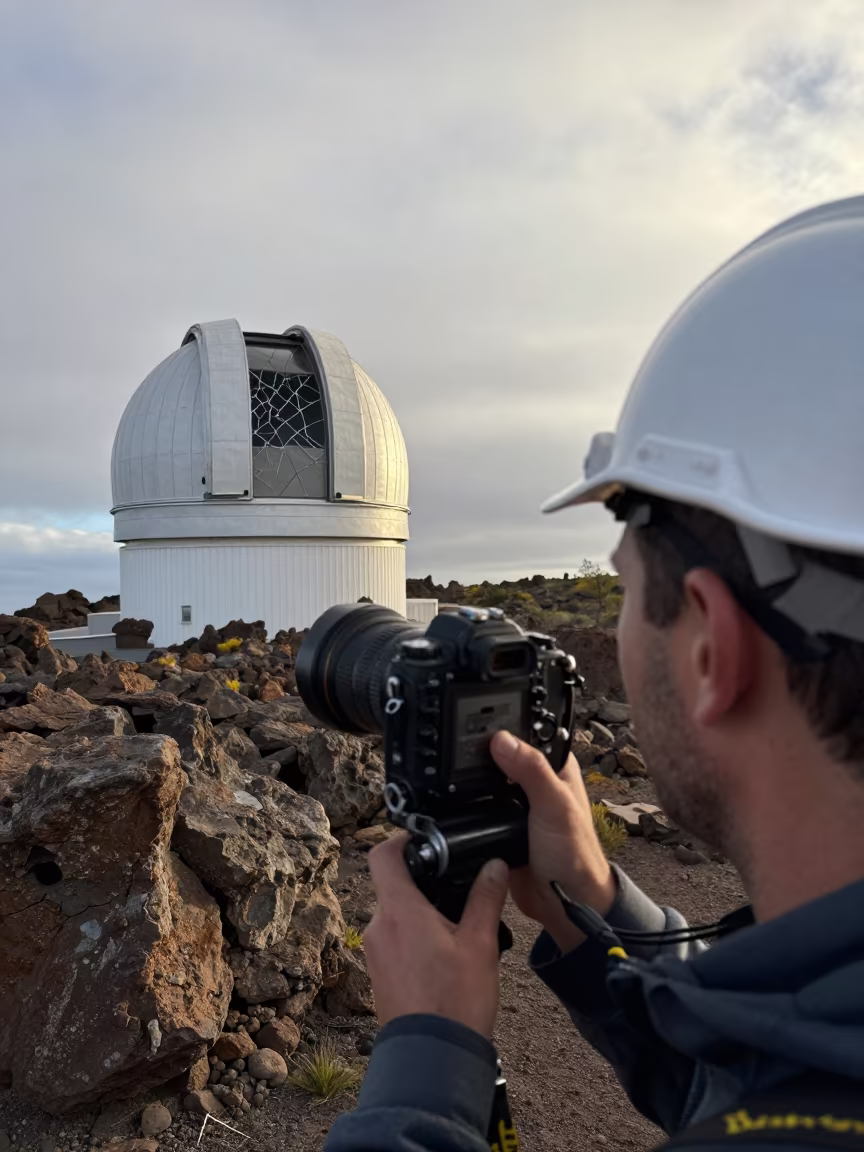 Geologist Face Beside Canary Observatory Window in along a rocky geology outcrop in the Canary Islands