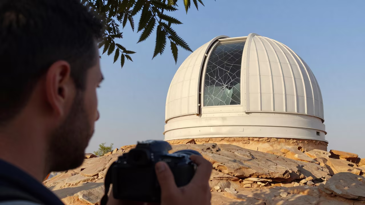 Geologist Face Near Cracked Observatory Window in along a rocky geology outcrop in Jordan