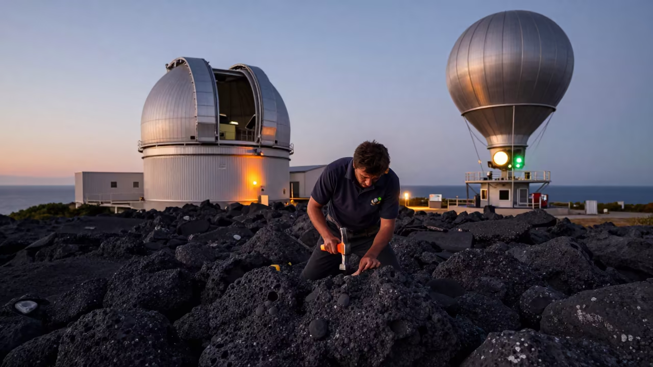 Geologist Hammering Basalt at Albanian Observatory in near a weather balloon launch site in Albania