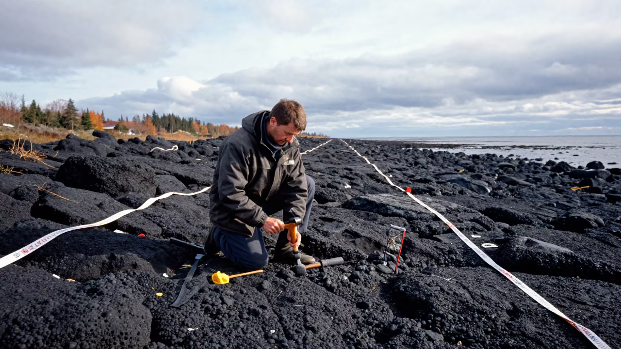 Geologist Hammering Basalt on Coastal Outcrop in beside a tidal survey transect in Chelyabinsk