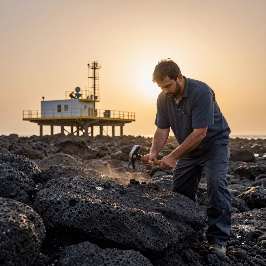 Geologist Hammering Basalt on Jeddah Coast in on a wind-scoured research platform in Jeddah