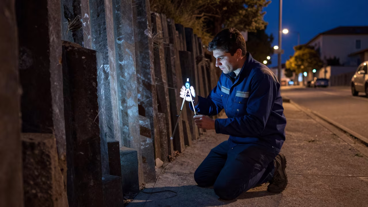 Geologist Kneeling by Basalt in Alcobendas in in Alcobendas