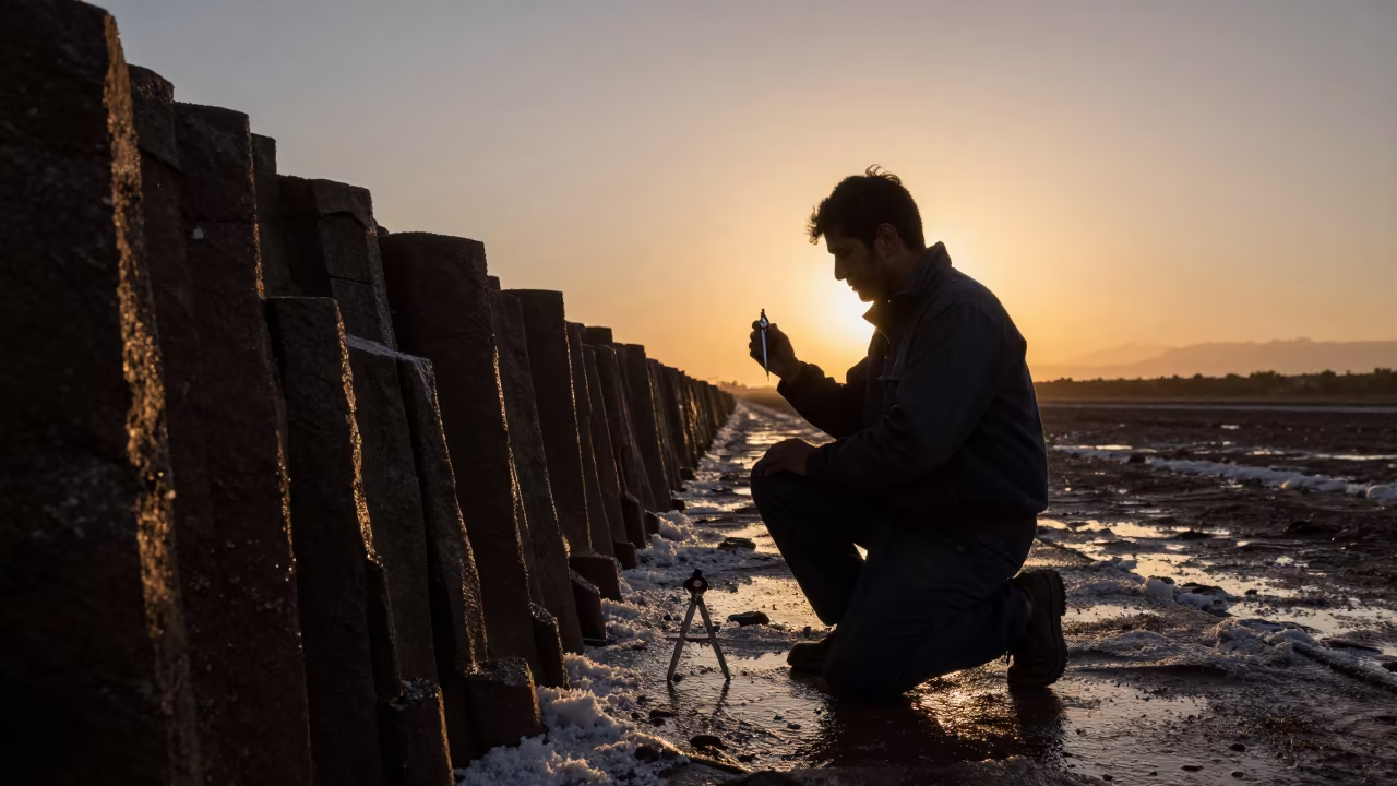 Geologist Kneeling Beside Basalt Columns at Sunset in in Arequipa