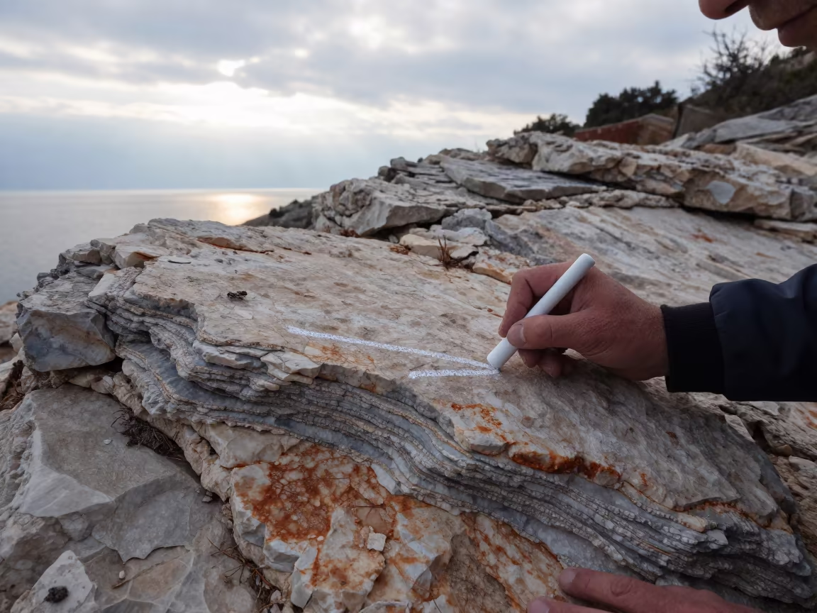 Geologist Marking Rock Layers on Dalmatian Coast in along a rocky geology outcrop in the Dalmatian Coast
