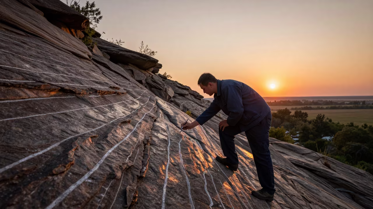 Geologist Marking Bedding Planes on Samara Outcrop in along a rocky geology outcrop in Samara