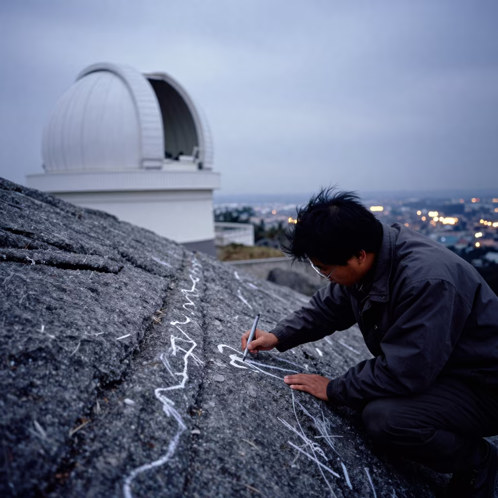 Geologist Marking Rock Layers at Twilight Observatory in beside an observatory dome in Kaohsiung