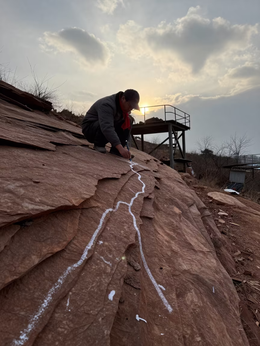 Geologist Marks Rock Bedding in Jiangxi in on a wind-scoured research platform in Jiangxi