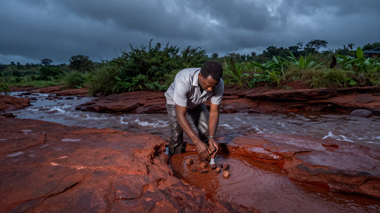 Geologist Rinsing Red Sandstone Cores Night Stream in at a remote field station in Congo