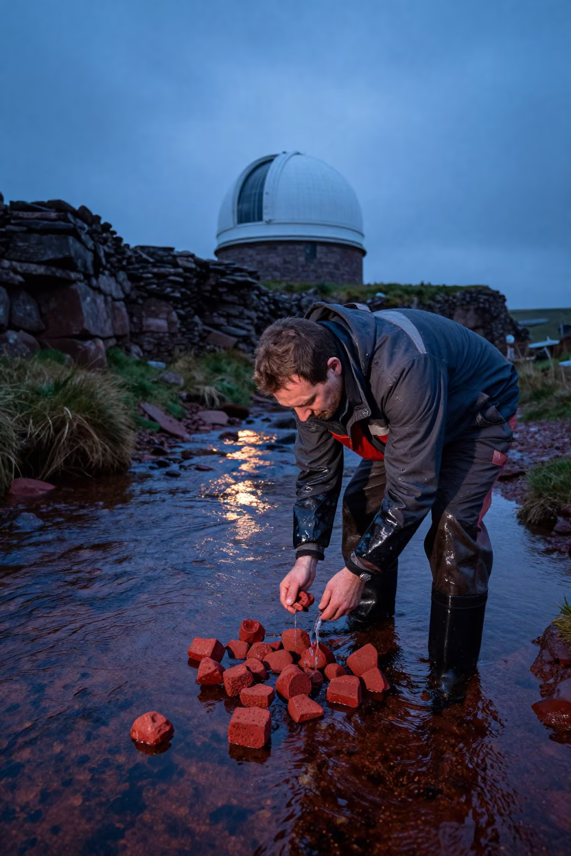 Geologist Rinsing Red Sandstone Cores Stream Twilight Yorkshire in beside an observatory dome in Yorkshire