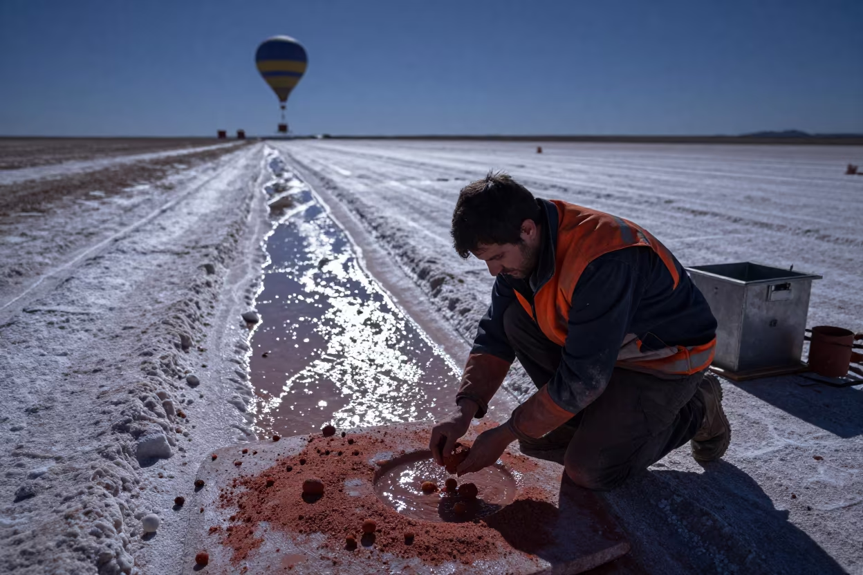 Geologist Rinsing Red Sandstone Cores at Night in near a weather balloon launch site in Spain