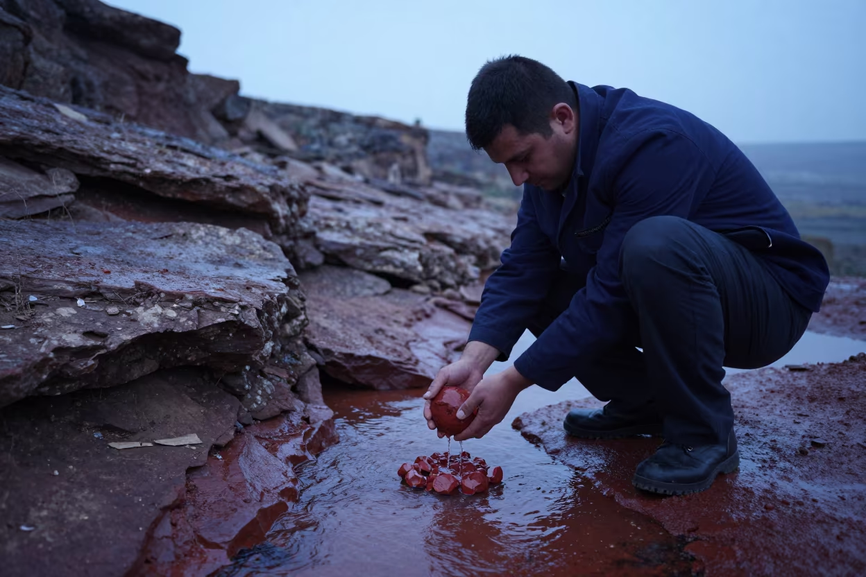 Geologist Rinsing Red Sandstone Cores in Stream in along a rocky geology outcrop near Afyonkarahisar