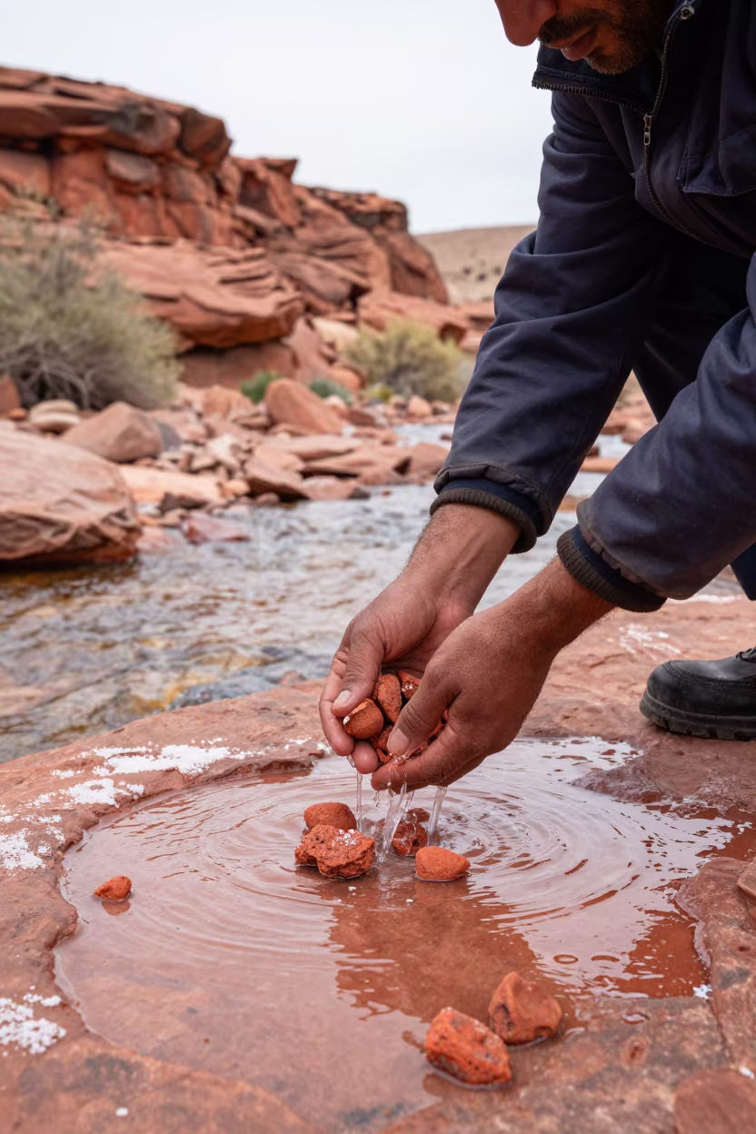 Geologist Rinsing Red Sandstone Cores in Stream in at a remote field station near Djelfa
