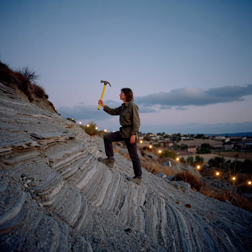 Geologist on Scree with Hammer in Charlotte Twilight in in Charlotte