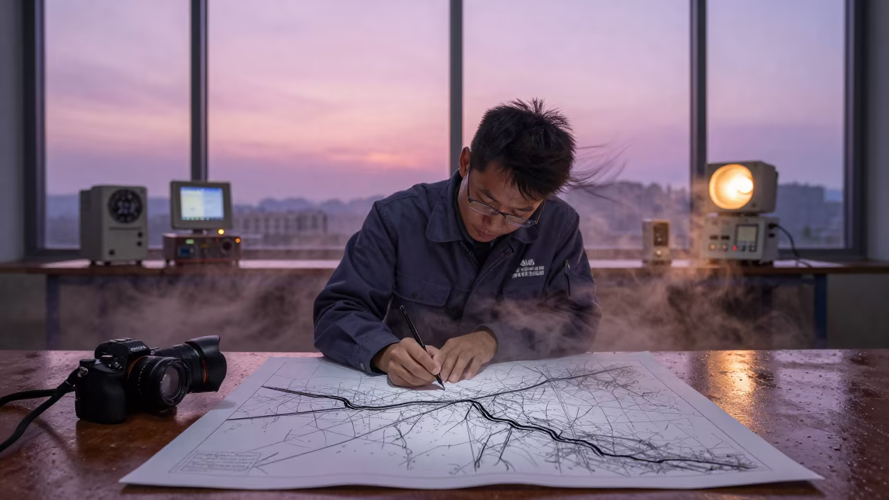 Geologist Sketching Fault Line in Guiyang Twilight in in Guiyang
