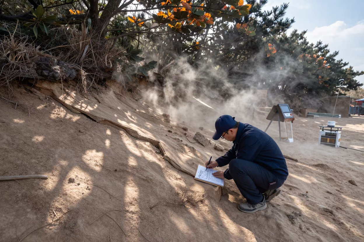 Geologist Sketching Fault Line in Jeju Dust in in Jeju