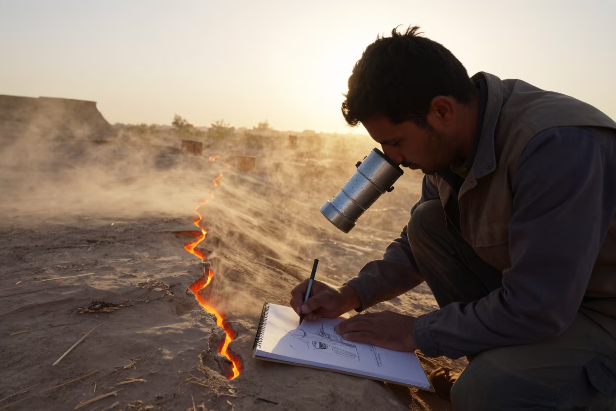 Geologist Sketching Fault Line Sunset in near Shiraz